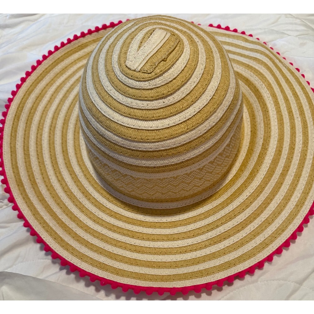 Woven Straw Sun Hat Pink Pom Pom Trim Wide Brim Beach Floppy Hat OSFM